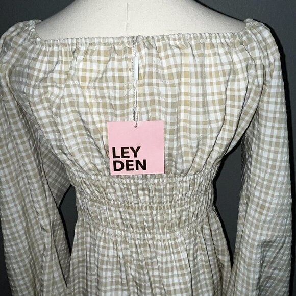 LEYDEN Smocked Boho Mini Peasant Prairie Beige & White Plaid Dress - NWT - L - Picture 9 of 16